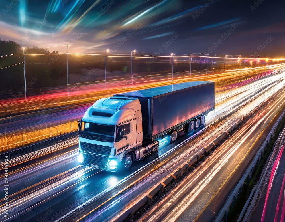 Trucks on highway in night time. Motion blur, light trails Trucks on highway in night time. Motion blur, light trails