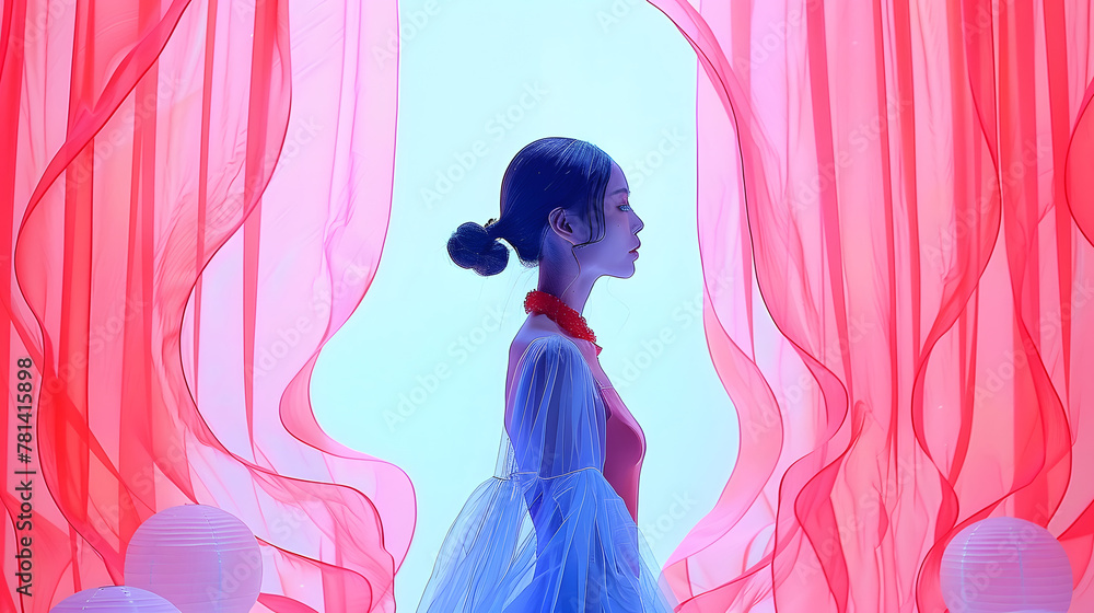 Fototapeta premium An ethereal silhouette of a woman standing contemplatively, surrounded by flowing red fabrics against a light blue background
