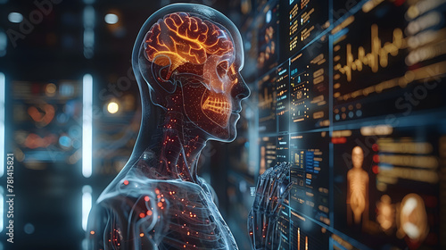 A transparent human figure with an emphasis on brain activity, surrounded by futuristic data visualization panels, representing medical technology advancements #781415821
