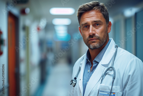 upset sad depressed frustration male doctor surgeon in corridor of hospital