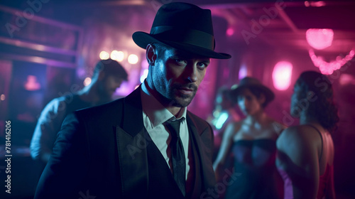 Portrait of a detective at night club wearing hat and suit photo