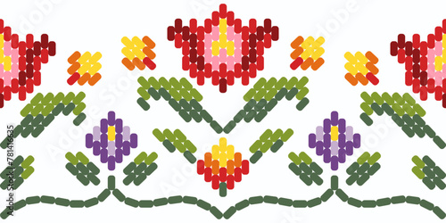 Floral pixel art border pattern on white background vector illustration. Geometric flower embroidery. Rose border floral. Motif ethnic handmade stitch flower pattern.
Traditional Romanian flok art kni photo