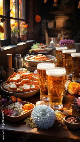 Glasses of beer on a table in a pub surrounded by a variety of pairing snacks.