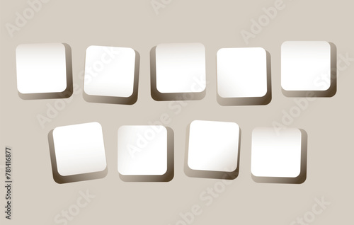 Set of square keyboard buttons with shadow. Nine empty templates for collages, design, website, advertising. Vector mockup. EPS10.
