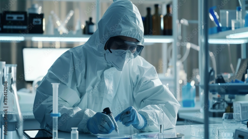 A scientist working in a lab, wearing a protective suit and looking at a petri dish. The scientist is studying a virus, and they are trying to find a way to stop it from spreading. A scientist working in a lab, wearing a protective suit and looking at a petri dish. The scientist is studying a virus, and they are trying to find a way to stop it from spreading.