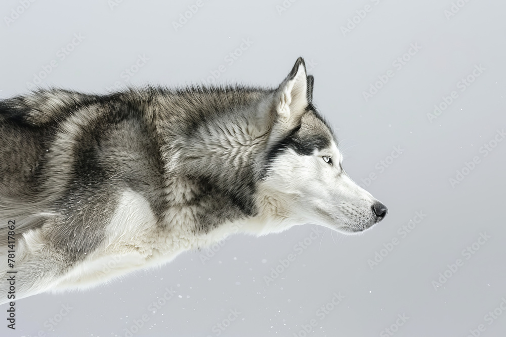 Siberian Husky in Mid-Jump on Grey Background. Siberian Husky in Mid-Jump on Grey Background.