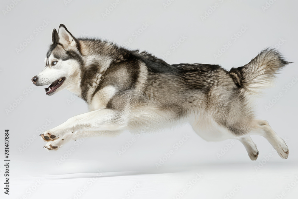 Siberian Husky in Mid-Jump on Grey Background.