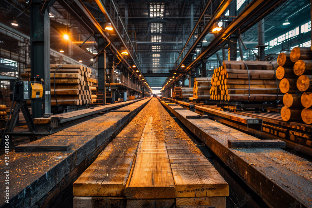 Workers in a sawmill amidst clouds of sawdust, actively engaged in processing large timber logs.