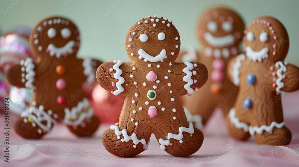 Gingerbread men in a bakeoff, decorating themselves in a sugary competition isolate on soft color background Gingerbread men in a bakeoff, decorating themselves in a sugary competition isolate on soft color background