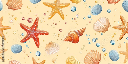 Lovely illustrated marine animal artwork with seaweed  seashells  and an inviting summer seascape over a pale beige backdrop  developed by hand and space  Generative AI.