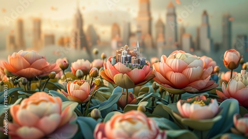 Flowers opening to reveal miniature cities inside, isolate on soft color background