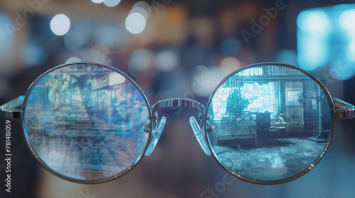 Conceptual smart glasses with transparent display for futuristic urban exploration, ideal for tech wearables and sci-fi visualizations. Urban, cyber, fashion concept.
