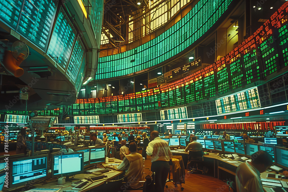 A visibly astonished man reacts to the real-time stock market fluctuations displayed across multiple trading monitors..