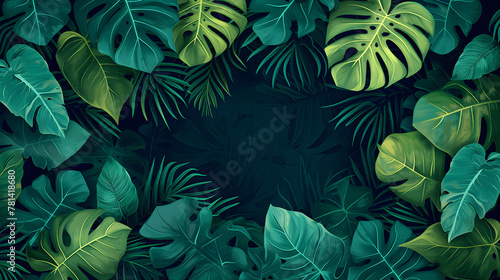 Top view pattern of tropical leaves on turquoise background. Banner with green plants monstera. Botanical illustration for wedding, invitation, poster, flyer, ads. Flay lay greeting card template. 