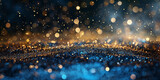 background of abstract glitter lights. blue, gold and black. de focused. banner