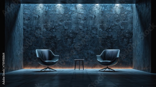 Interview room with two chairs, studio lights, interview scene