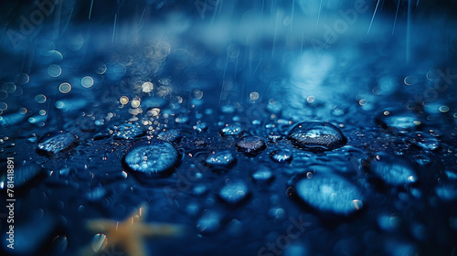 Raindrops glisten on a deep blue surface under the night sky, reflecting the world in miniature.