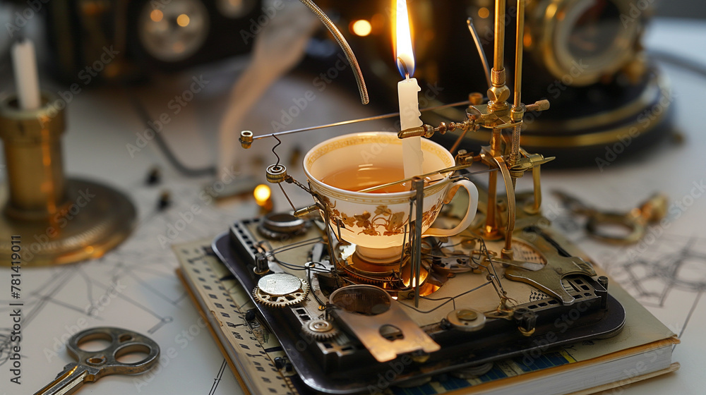 Vintage steampunk inspired tea cup and candle light setting, perfect for thematic blogs and interior design websites