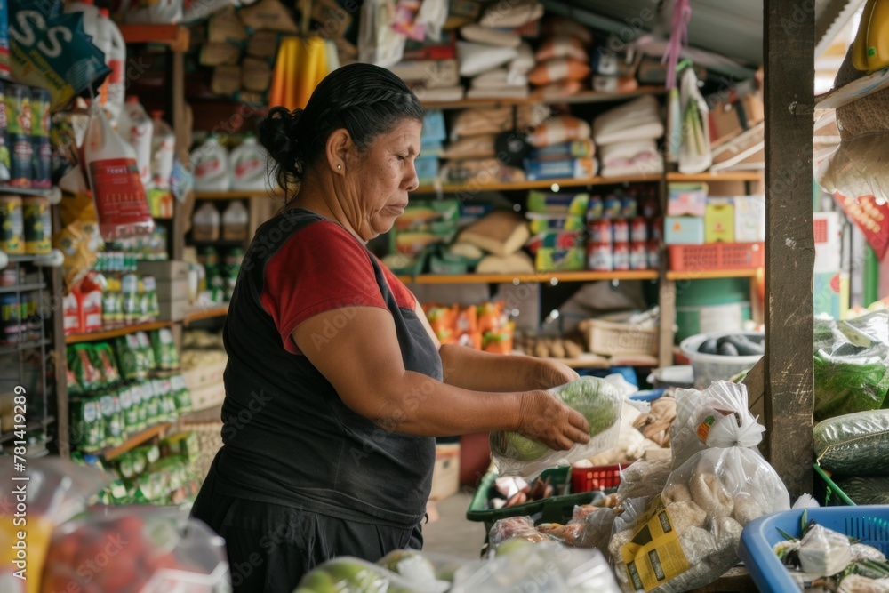 Mature Latina Woman Working at a Vibrant Local Market Stand During Morning Hours