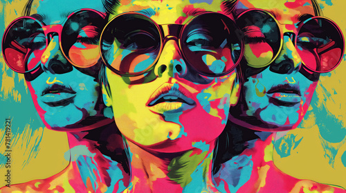 Three psychedelic pop art style women face in sunglasses with vibrant, swirling colors.