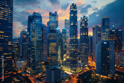 Wallpaper Mural Dramatic twilight cityscape featuring a cluster of illuminated skyscrapers against a vibrant evening sky.. Torontodigital.ca
