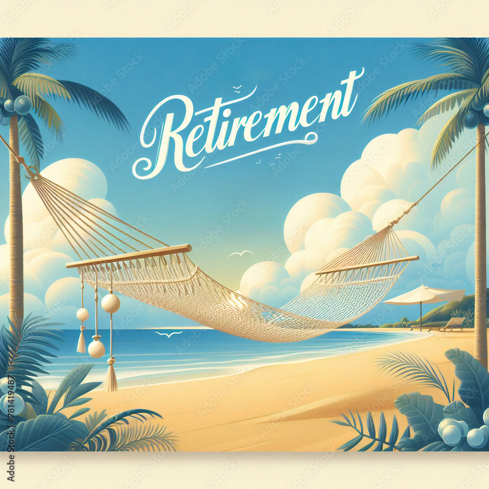 happy retirement message with hammock on the beach