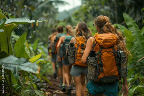 Wallpaper Mural A team of adventurers with cameras trekking through the dense foliage of a tropical rainforest, exploring and capturing nature.. Torontodigital.ca