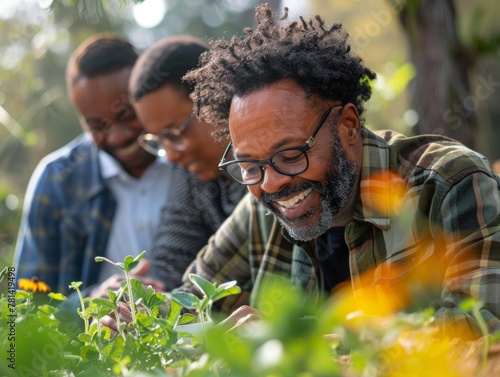 African-American Family Gardening Together in Sunny Backyard, Cheerful Multi-Generational Bonding