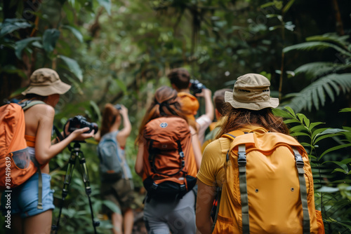 Wallpaper Mural A team of adventurers with cameras trekking through the dense foliage of a tropical rainforest, exploring and capturing nature.. Torontodigital.ca