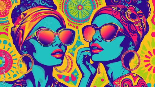 Two women depicted in a vibrant pop art style with bold colors and patterns  giving off a chic and retro fashion vibe.