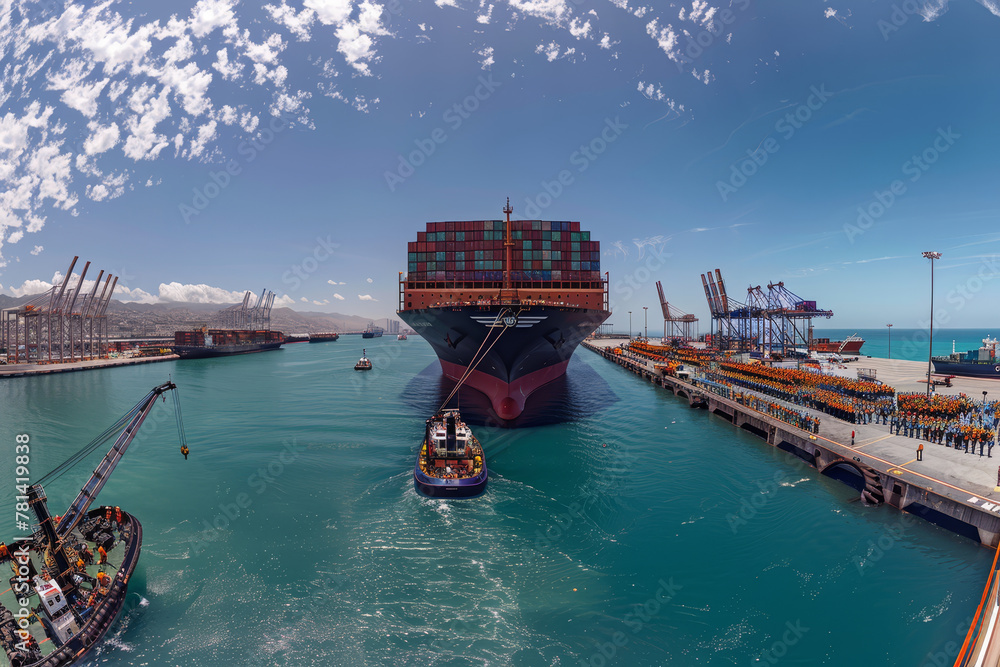 Obraz premium A cargo ship laden with containers is guided by tugboats into a bustling port, with cranes and docked ships against a mountainous backdrop..