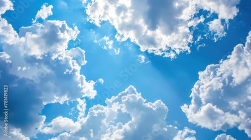 Vibrant Blue Sky Adorned with Fluffy White Clouds
