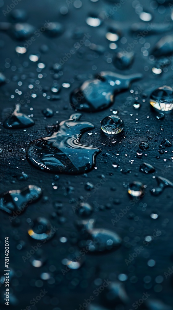 Dark blue background with water drops creating a captivating contrast on a two-dimensional plane. Water drops on a minimalist scene radial gradient.