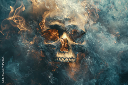 A human skull partially shrouded in a flowing, ghostly smoke against a black background, evoking mystery and mortality. © bajita111122