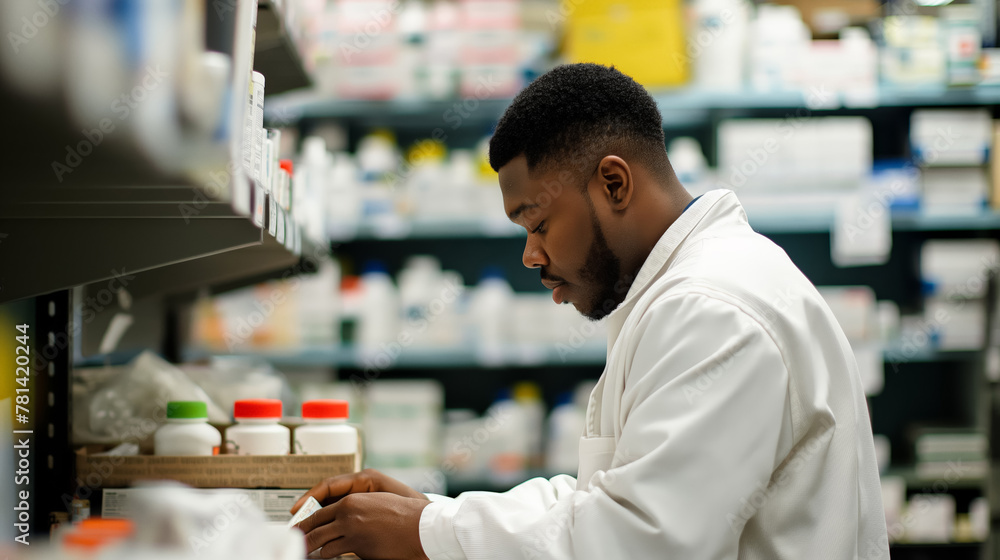 Focused male pharmacist in a white coat attentively organizes various medications on a shelf in a pharmacy.