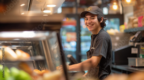 Young, smiling worker in a black cap and t-shirt serves customers behind a food counter in a warmly lit cafe. photo