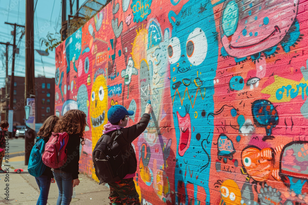 Obraz premium Artist Painting a Colorful Mural Portrait.