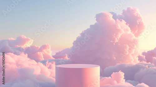 A podium for placing and advertising products. Podium in the form of a cylinder in the clouds against the sky. Pastel colors.
