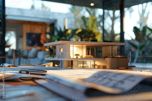 Architectural Model of Modern House on Desk.