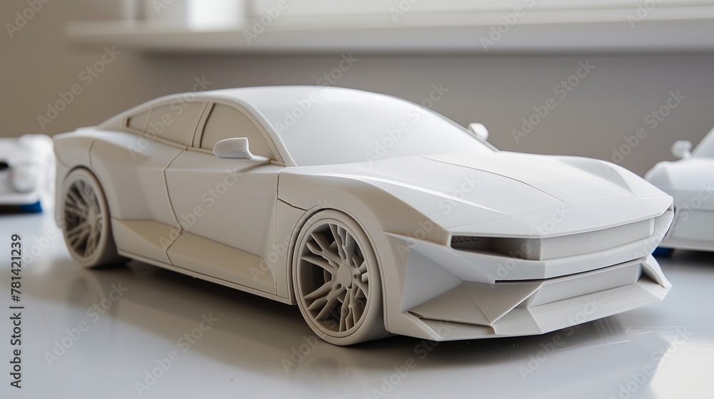 A sleek, futuristic new car model emerges from a state-of-the-art 3D printer, showcasing the latest advancements in automotive prototyping and design technology.
