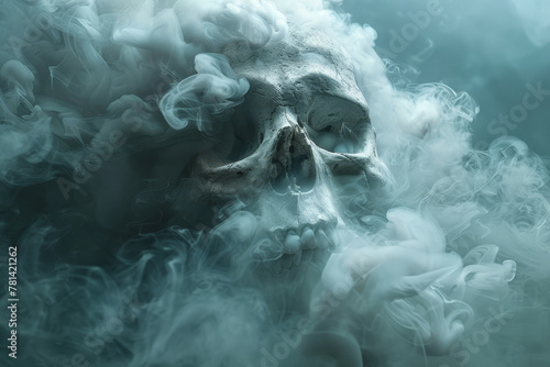 A human skull partially shrouded in a flowing, ghostly smoke against a black background, evoking mystery and mortality.