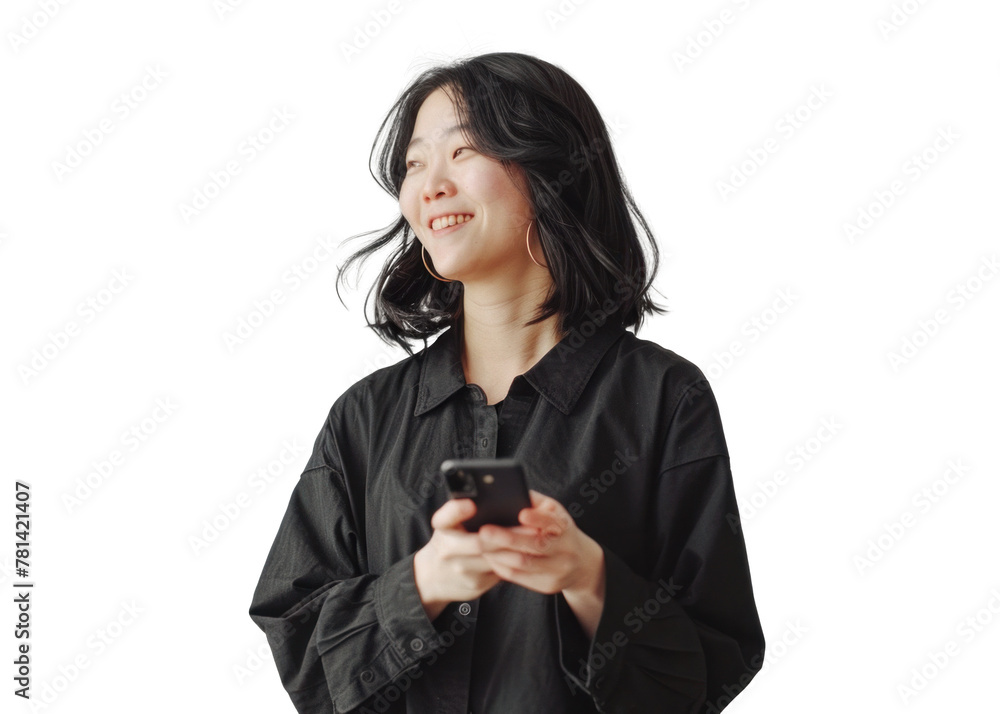 East Asian Woman Smiling with Smartphone East Asian Woman Smiling with Smartphone