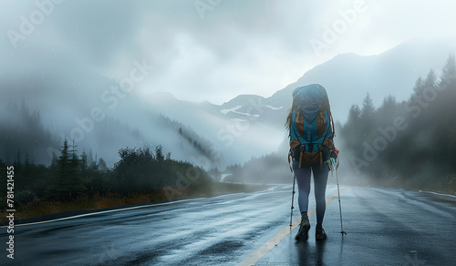 Solo traveler trekking in rainy mountainscape