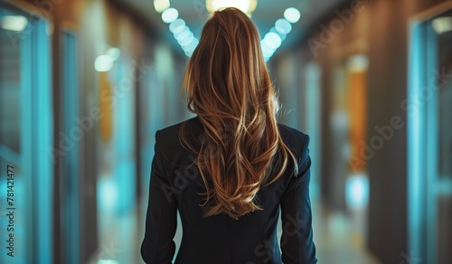 Elegant businesswoman walking in modern office corridor