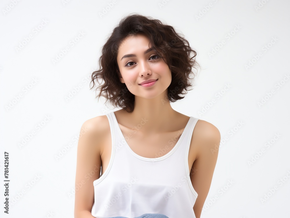 pretty Asian model wearing white tank top smiling with clean flawless skin, skincare and healthy theme concept, Generative Ai pretty Asian model wearing white tank top smiling with clean flawless skin, skincare and healthy theme concept, Generative Ai