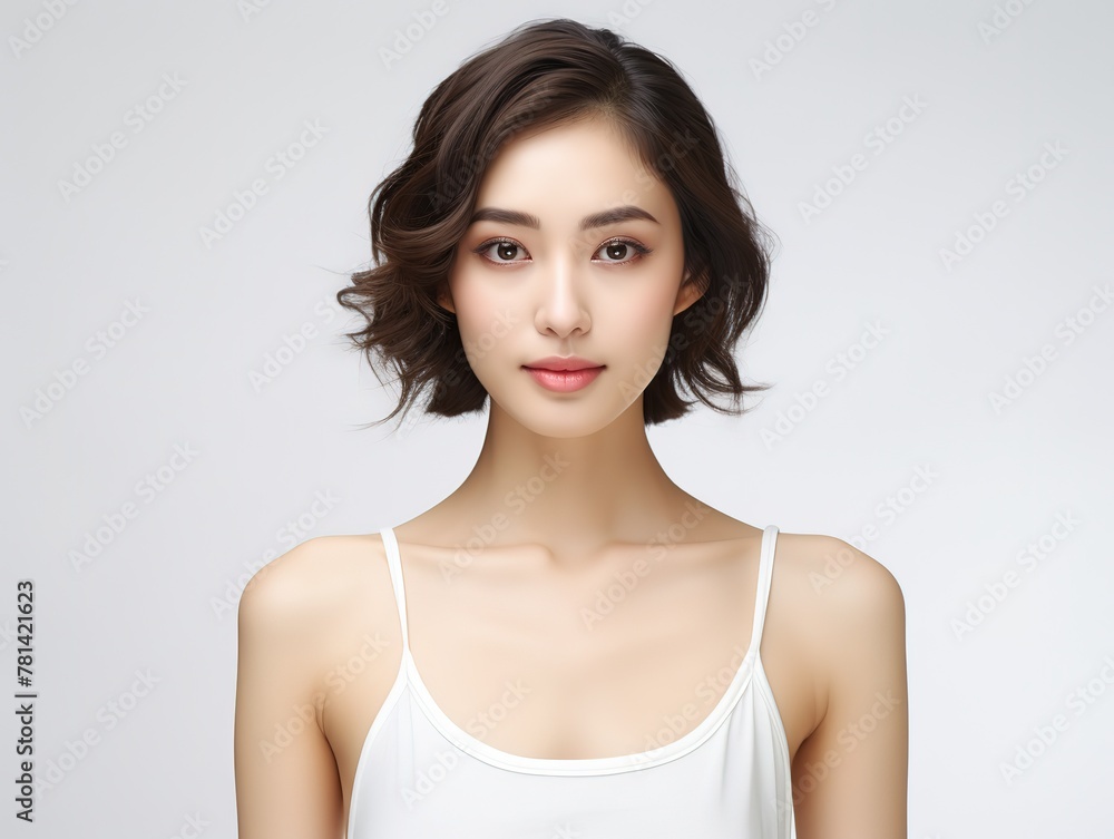 pretty Asian model wearing white tank top smiling with clean flawless skin, skincare and healthy theme concept, Generative Ai pretty Asian model wearing white tank top smiling with clean flawless skin, skincare and healthy theme concept, Generative Ai