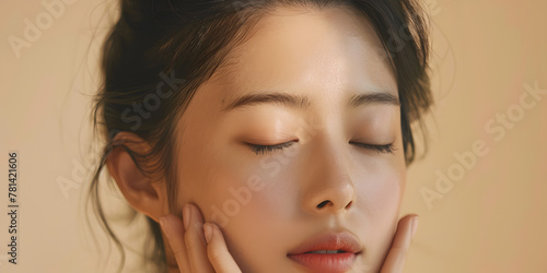 A beautiful Asian woman with her eyes closed, touching the skin