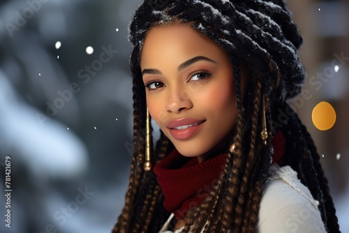pretty attractive African woman in winter snowfall time, Generative Ai