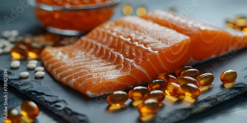 Macro Shot of Omega Capsules and Fatty Fish Underlining Specific Nutrient Supplementation photo