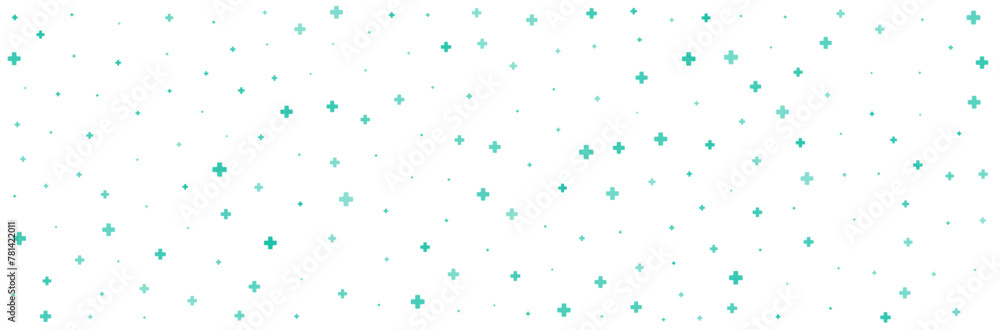 Green or plus symbols of different sizes and opacity on white background. Abstract pattern of blue medical cross or mathematical plus pictogram. Vector illustration on cyan background with stars.